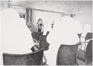 Artistic hand drawing by Herbert Stattler featuring a live concert in the ground-floor assembly hall of a tumor rehabilitation clinic. In the background, a pan flute player performs with a percussionist accompaniment, while rows of patients watch from the foreground.