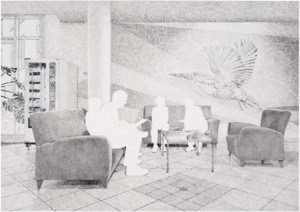 Artistic hand drawing by Herbert Stattler of a basement seating area in an oncology rehabilitation clinic. Four patients holding pamphlets sit in conversation against a wall with a massive bird mural, while a snack and soda vending machine stands in the background.