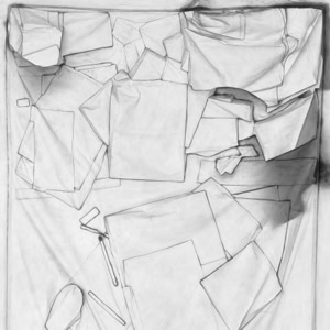 Fine art photograph of a reconstructed desk surface by Herbert Stattler, using backlighting to reduce objects to flattened silhouettes and contours in a 1:1 scale.