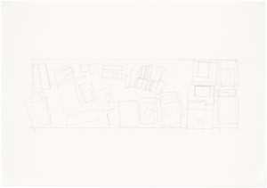 Detailed large-scale pencil drawing by Herbert Stattler showing a top-down cartographic mapping of a desk surface with outlines of office objects and personal items.
