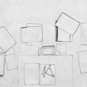 Fine art photograph of a reconstructed desk surface by Herbert Stattler, using backlighting to reduce objects to flattened silhouettes and contours in a 1:1 scale.