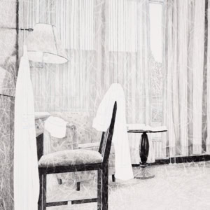 An artistic hand drawing by Herbert Stattler depicting the interior of a patient room in a post-operative cancer rehabilitation facility. The room is furnished with a bed, wardrobe, small desk with a chair, an armchair with a side table, and a chest of drawers holding a television set. Through the curtained window, a fire wall is visible at a short distance outside.