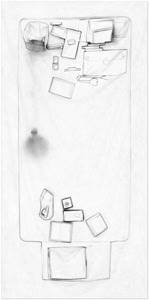 Fine art photograph of a reconstructed desk surface by Herbert Stattler, using backlighting to reduce objects to flattened silhouettes and contours in a 1:1 scale.
