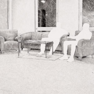 An artistic hand drawing by Herbert Stattler, created with pencil and colored pencil, depicts a view of a seating area at the end of a hallway in a post-operative cancer rehabilitation facility. Two patients are facing each other and appear to be conversing: a man in his 70s, wearing a T-shirt, sweatpants, and slippers, is sitting on the sofa; across from him, a man in his 60s, wearing a tracksuit and sneakers, is sitting in one of the armchairs. Stattler captured the basic contours of the room and the furniture on-site using a blue colored pencil. In his studio, he added surface textures, light and shadow, and the two figures from memory using a pencil. The depiction of the figures deliberately stands out from the rest of the room: their bodies are drawn only as outlines and remain largely unfilled, allowing the white of the paper to show through. Inside the figures, only the blue lines originally sketched on site remain visible.