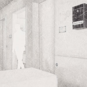 An artistic pencil and colored pencil hand drawing by Herbert Stattler from the series "Anschlussheilbehandlung" (2025–) depicts the corridor of a post-operative cancer rehabilitation facility. In the center, one looks through the middle of three doors into a bright room from which the shadowy, white silhouette of a person holding a bundle of files in their left hand steps into the hallway—a "negative space" (or "white space") typical of the series. The scene is framed in the foreground by a counter with a waist-high, lockable swinging door, and on the right by switches and a dark box labeled "Klinikseelsorge" (Hospital Chaplaincy). The drawing consists of superimposed layers of fine lines creating a transparent, almost textile-like texture. While the architectural contours were drawn directly on-site in blue pencil, the artist added shadows, textures, and the fictional figure in graphite pencil back in the studio: as the figure's body remains unmarked, the white of the paper shines through, leaving only the original blue lines visible within it.