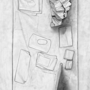 Fine art photograph of a reconstructed desk surface by Herbert Stattler, using backlighting to reduce objects to flattened silhouettes and contours in a 1:1 scale.