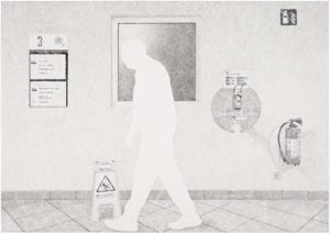 An artistic hand drawing by Herbert Stattler, created with pencil and colored pencil, depicting a corridor in a post-operative cancer rehabilitation facility. In the foreground, the blank white silhouette of a man walks to the left. The background features intricate graphite line-shading that forms wall textures, hospital signage with floor directions, a dark closed window, a wet floor caution sign, a hand sanitizer station labeled 'Desinfektion', a fire extinguisher, and safety signs.