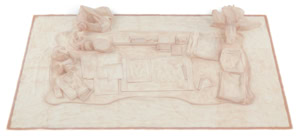 Tactile latex cast of a desk surface and objects by Herbert Stattler, capturing the physical traces, folds, and deformations of a workspace in a flexible, translucent material.