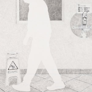 An artistic hand drawing by Herbert Stattler, created with pencil and colored pencil, depicting a corridor in a post-operative cancer rehabilitation facility. In the foreground, the blank white silhouette of a man walks to the left. The background features intricate graphite line-shading that forms wall textures, hospital signage with floor directions, a dark closed window, a wet floor caution sign, a hand sanitizer station labeled 'Desinfektion', a fire extinguisher, and safety signs.