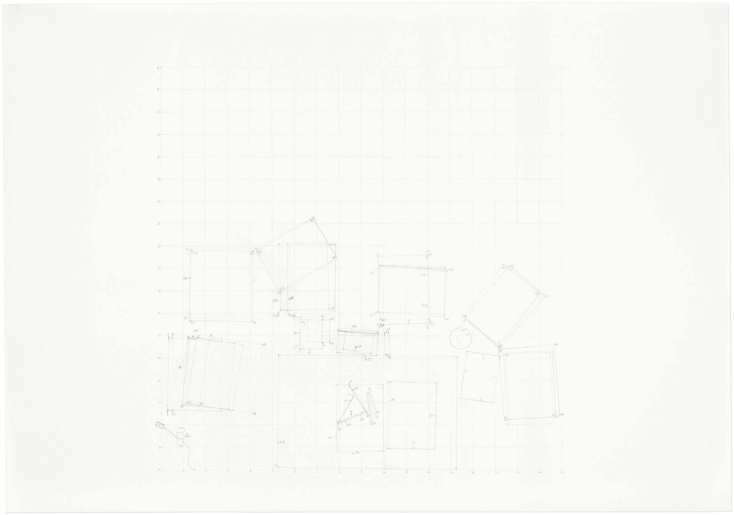 Pencil drawing of the 9 part series »Schreibtische« [Desks] by Herbert Stattler.