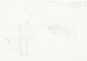 Detailed large-scale pencil drawing by Herbert Stattler showing a top-down cartographic mapping of a desk surface with outlines of office objects and personal items.