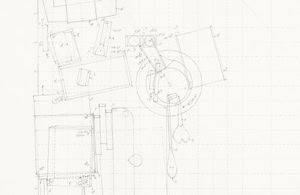 Detailed large-scale pencil drawing by Herbert Stattler showing a top-down cartographic mapping of a desk surface with outlines of office objects and personal items.