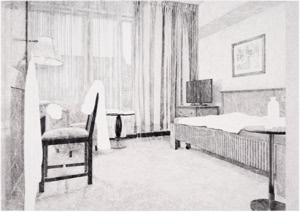 An artistic hand drawing by Herbert Stattler depicting the interior of a patient room in a post-operative cancer rehabilitation facility. The room is furnished with a bed, wardrobe, small desk with a chair, an armchair with a side table, and a chest of drawers holding a television set. Through the curtained window, a fire wall is visible at a short distance outside.