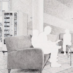 Artistic hand drawing by Herbert Stattler of a basement seating area in an oncology rehabilitation clinic. Four patients holding pamphlets sit in conversation against a wall with a massive bird mural, while a snack and soda vending machine stands in the background.