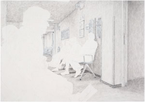 Artistic hand drawing by Herbert Stattler of a basement hallway in an oncology rehabilitation clinic. Patients are seated on four-person benches on both sides of the corridor, waiting for therapy in front of open glass fire doors.