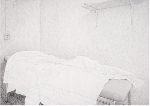 A sparse hand drawing by Herbert Stattler depicting a basement treatment room in a tumor rehabilitation clinic. The scene features a stark, empty medical bed with crumpled sheets, isolated from the room by a privacy curtain.