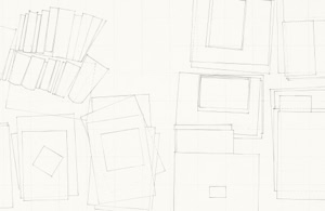 Detailed large-scale pencil drawing by Herbert Stattler showing a top-down cartographic mapping of a desk surface with outlines of office objects and personal items.