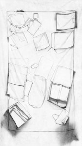 Fine art photograph of a reconstructed desk surface by Herbert Stattler, using backlighting to reduce objects to flattened silhouettes and contours in a 1:1 scale.