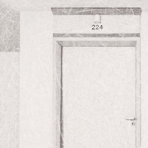 An artistic hand drawing by Herbert Stattler showing a view from the hallway of a post-operative cancer rehabilitation facility toward the door of a patient room, featuring the room number, walls, carpet, and an alarm light.