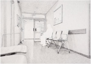 Artistic hand drawing by Herbert Stattler depicting a basement hallway in a tumor rehabilitation clinic. A lone patient sits on one of two four-person benches with their walker nearby, facing open glass fire doors at the end of the corridor.